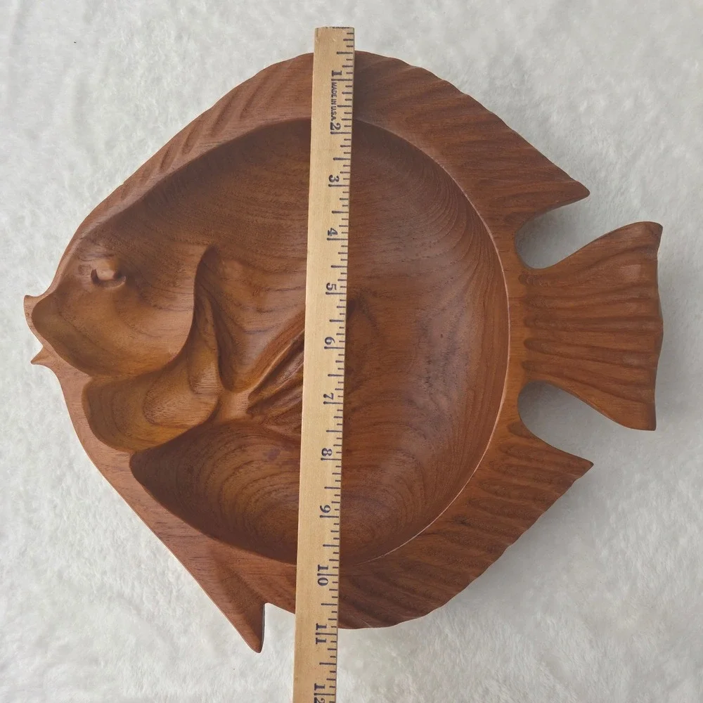 Vintage Hand Carved Wooden Fish Serving Bowl Large 12in Brown Tropical Teak Bowl